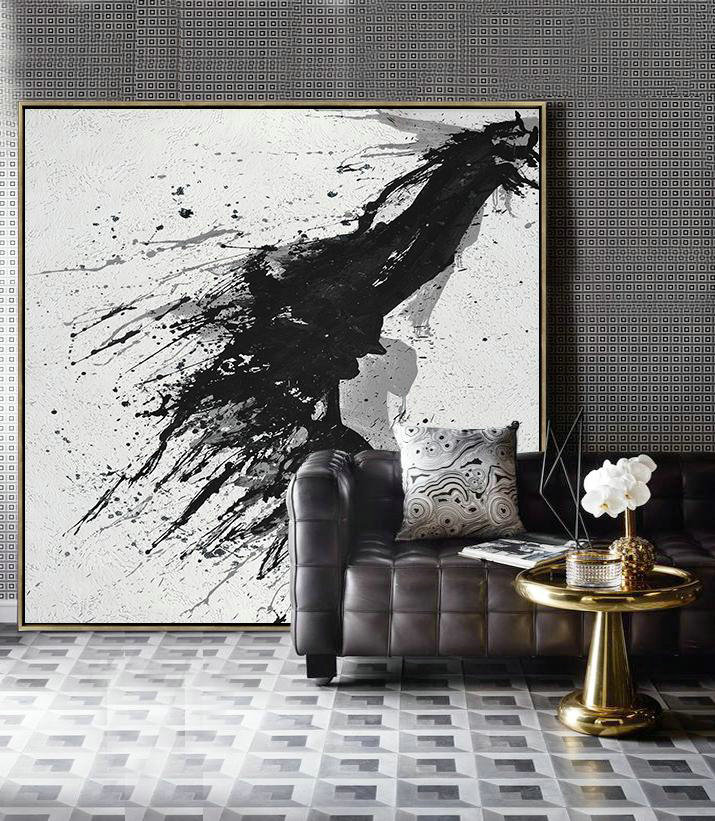 Large Contemporary Art Acrylic Painting,Minimalist Drip Painting On Canvas, Black, White, Grey - Original Modern Art,Large Wall Art Handmade